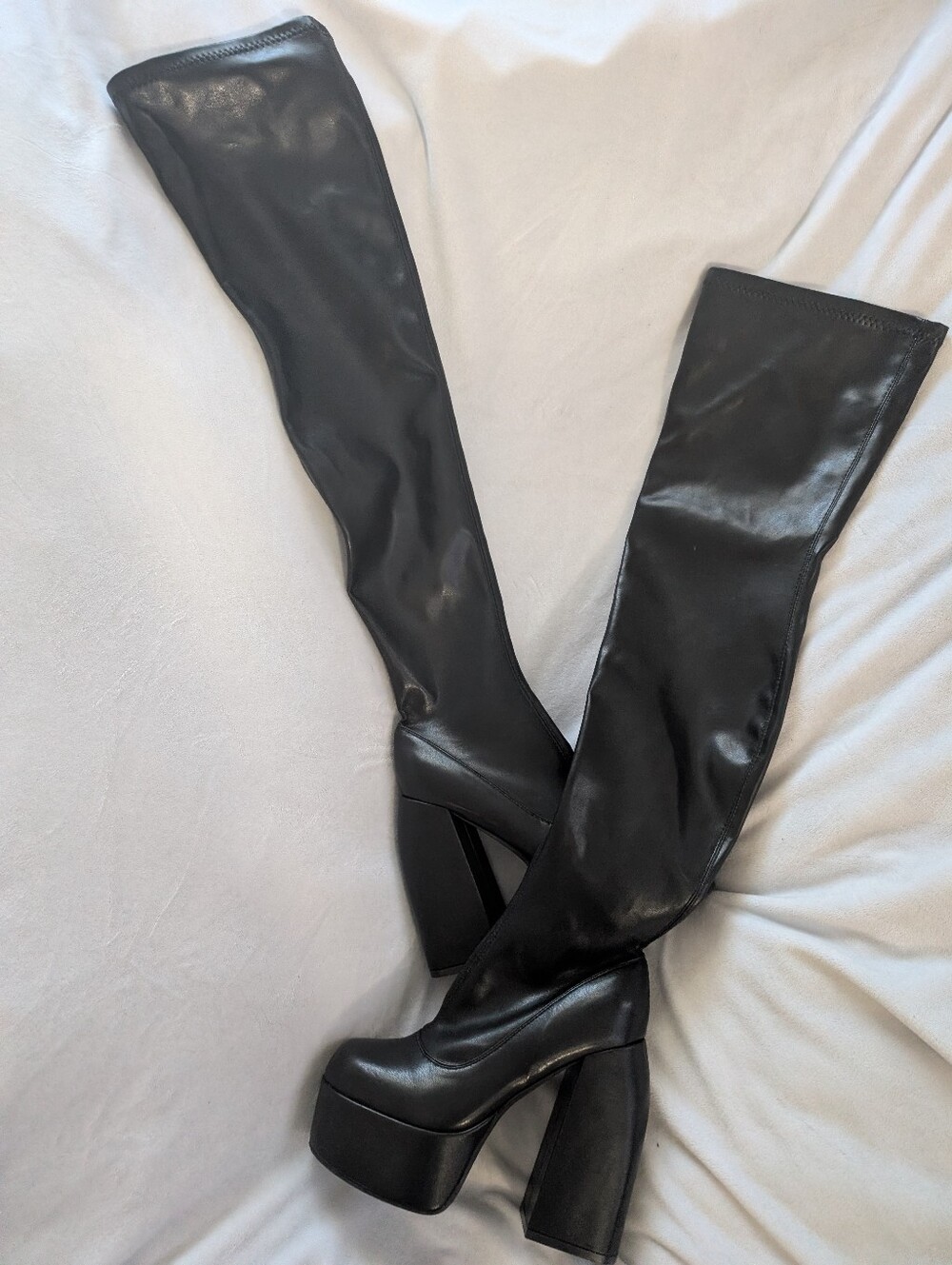Black Faux Leather Over The Knee Platform Boots Chunky Block High Heel Boots